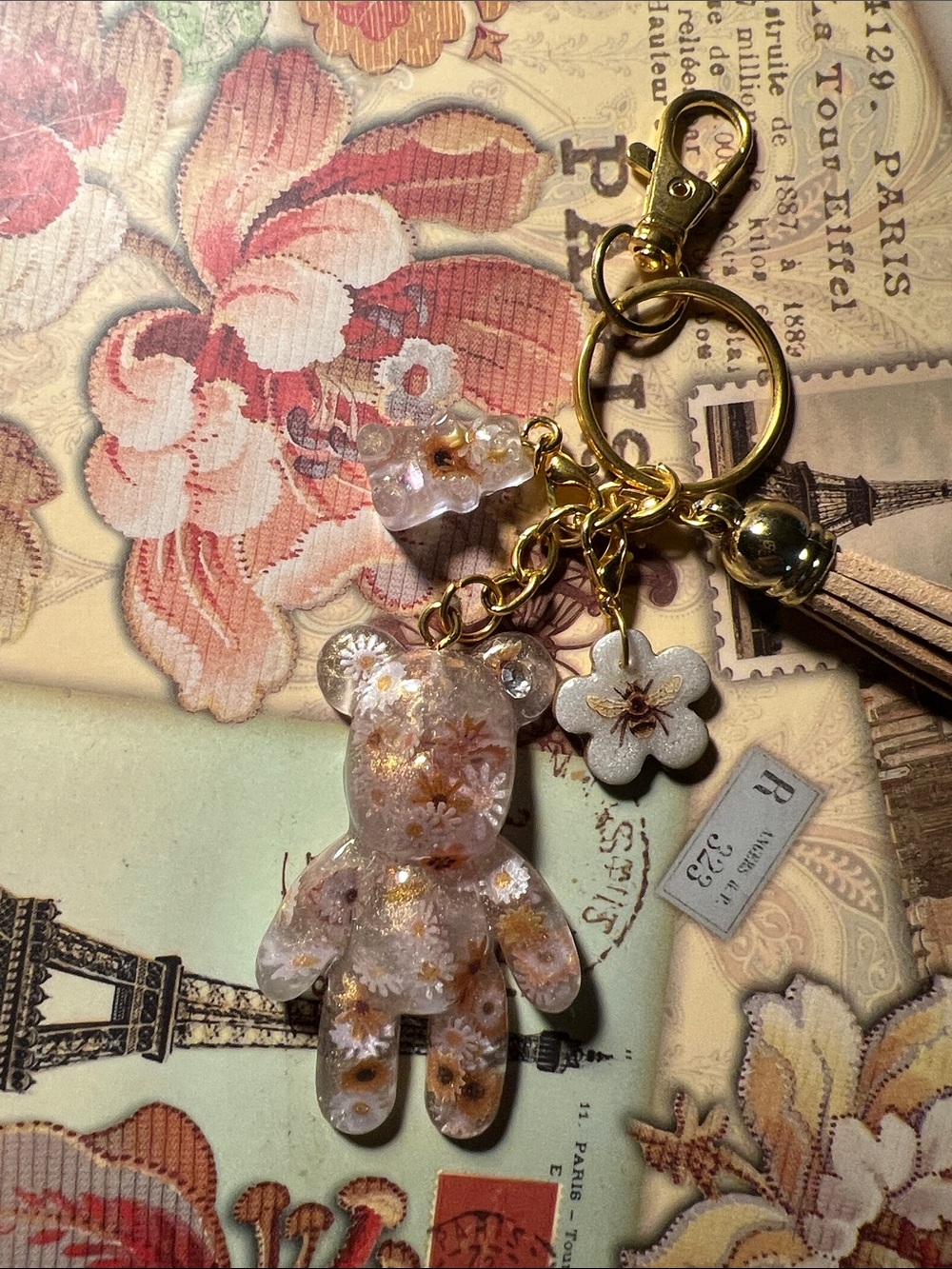 Gold Floral Resin Bear Keychain, backpack or purse Charm - Women's Accessory - Picture 5 of 5
